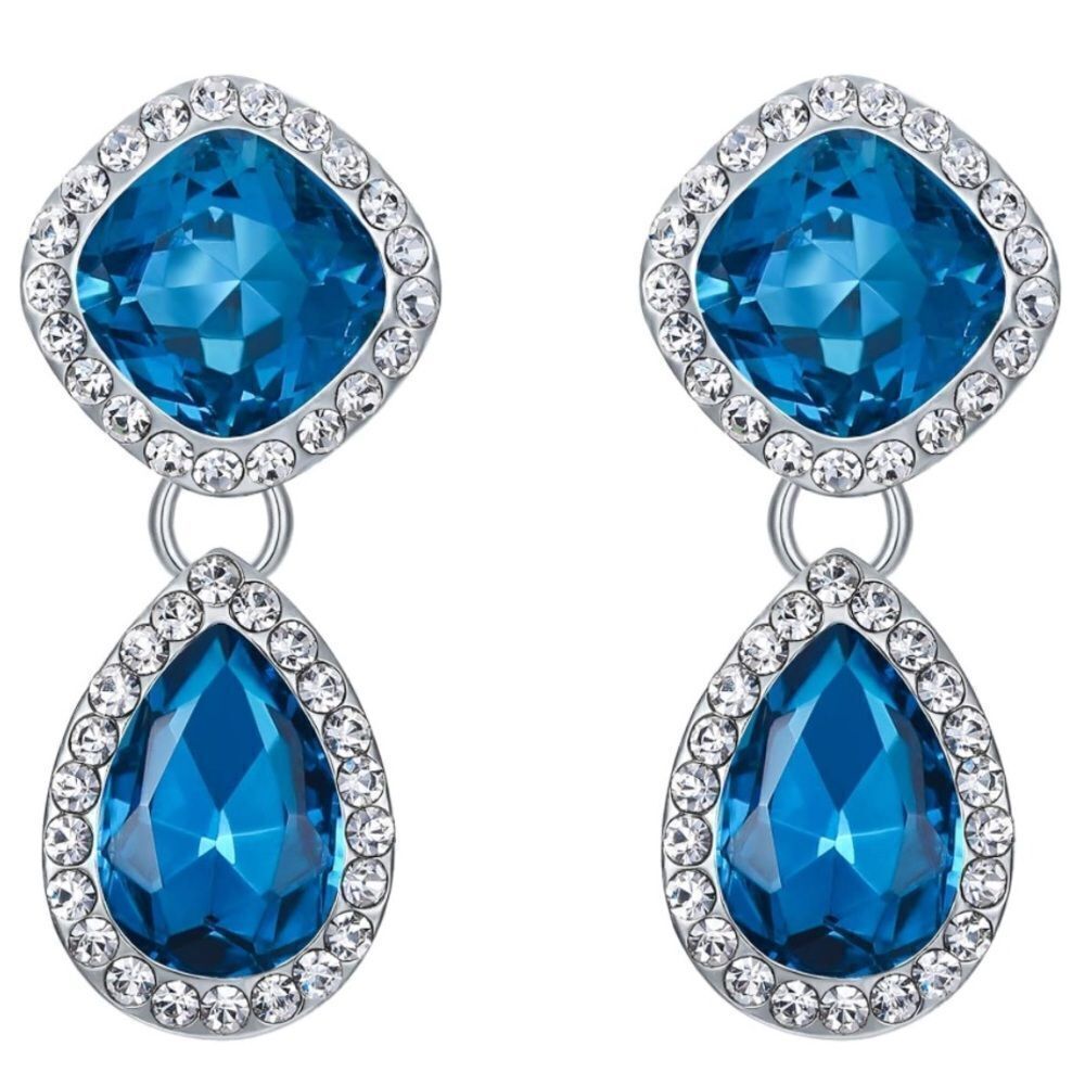 Silver with Sea Blue and Diamond Austrian Crystal Rhombus Teardrop Post Earrings